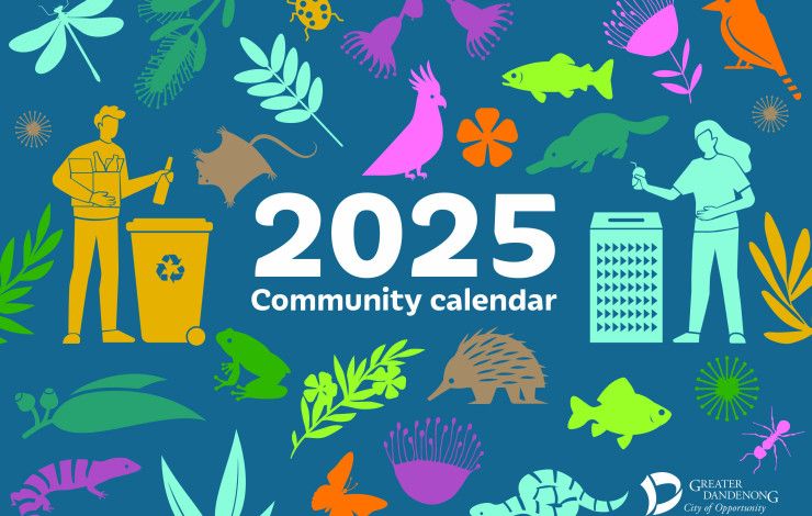 Collection of illustrated images around the title 2025 Community Calendar