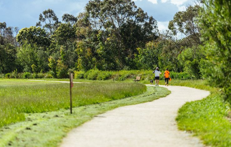 Two people walking on a track
