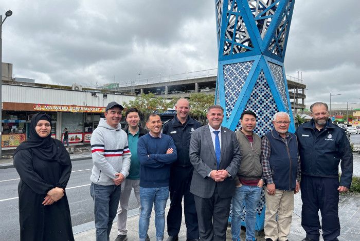 Afghan business ambassadors with Victoria Police officers in the Afghan Bazaar