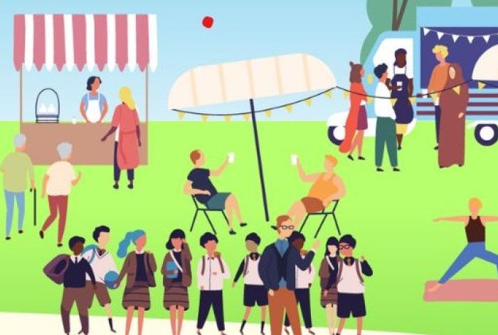 Stylised illustration of people in a park