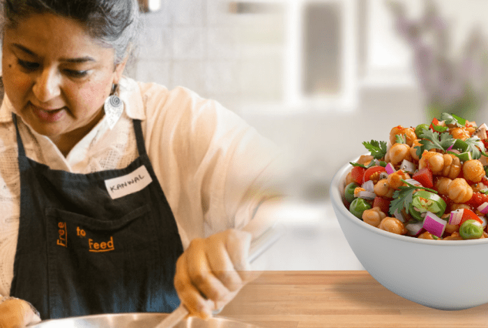 Presenter chef preparing chana chaat with a prepared bowl.