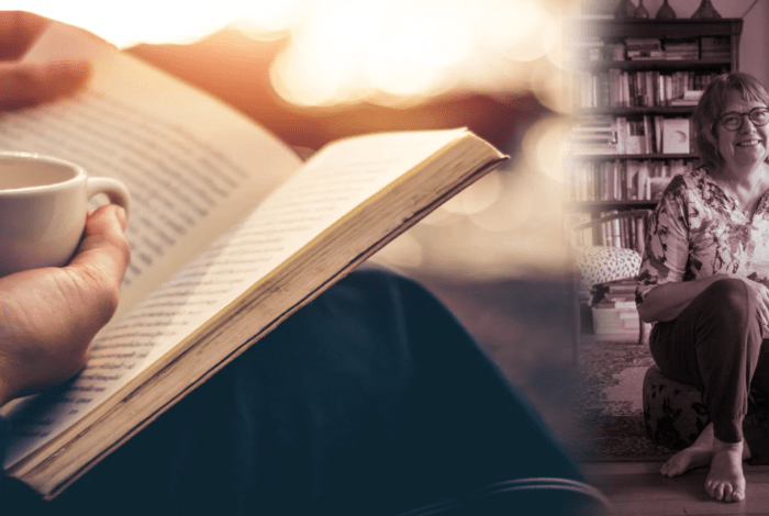 Closeup of person's hands with a cup of tea and a book, and a portrait of counsellor and psychotherapist, Barbara Churcher.