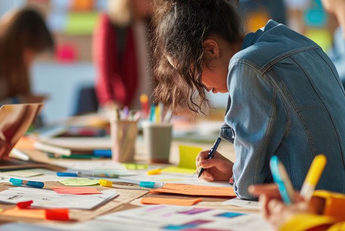 Prople dressed in bright colours writing on colourful sticky notes