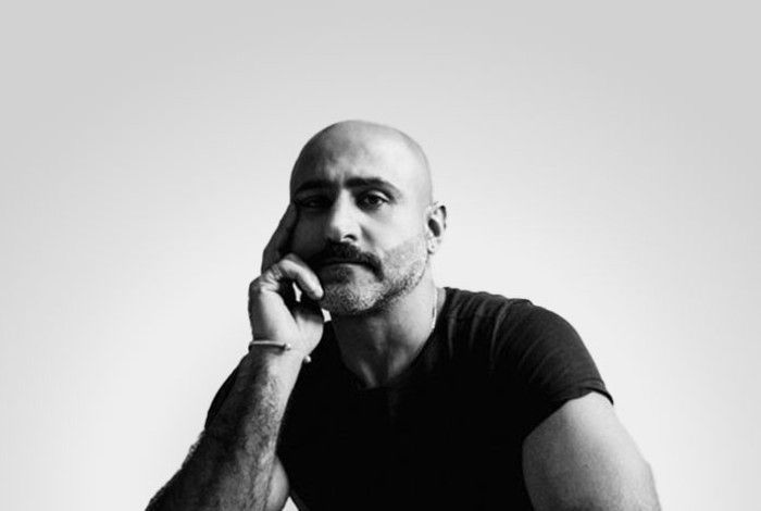 A man in a black and white image