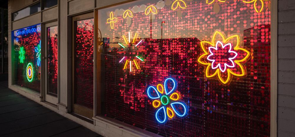 Neon lighting on a window at Little India