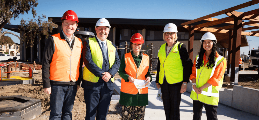 Member for Mordialloc Tim Richardson, Cr Jim Memeti, Victorian Minister for Children Lizzie Blandthorn, Council CEO Jacqui Weatherill and Cr Isabella Do visit the new Community Hub in Keysborough