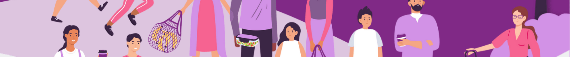 Picture of people with reusables, such as cups, bottles and bags