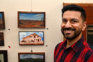  Community Connections Award Winner - Talwinder Singh with his work: Dandenong Butter Factory, acrylic on canvas with palette knife. This award was sponsored by Bendigo Bank Dingley Village Community Bank. Photographer: Carla Gottgens.