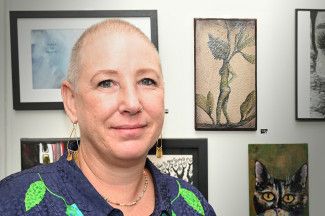 Highly Commended Award Winner - Skye Petho with her work: We Come from Nature, watercolour on recycled timber with ink overlay. This award was sponsored by Holiday Inn Dandenong. Photographer: Carla Gottgens