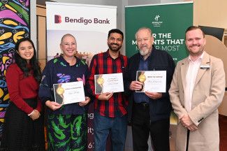 Award Winners at the 9 by 5 exhibition installed in the Drum Theatre Foyer, 2025